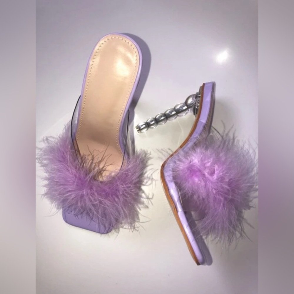 SHEIN Lavender Purple Fluffy Feathered Heel Mule Open Toe Sandals Sz 7.5 NWT - Picture 6 of 16